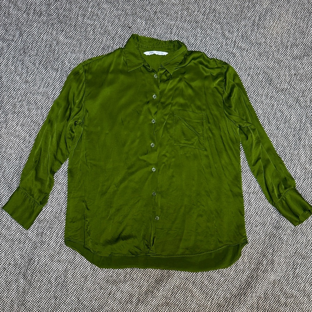 Zara Olive Button Down Satin Shirt